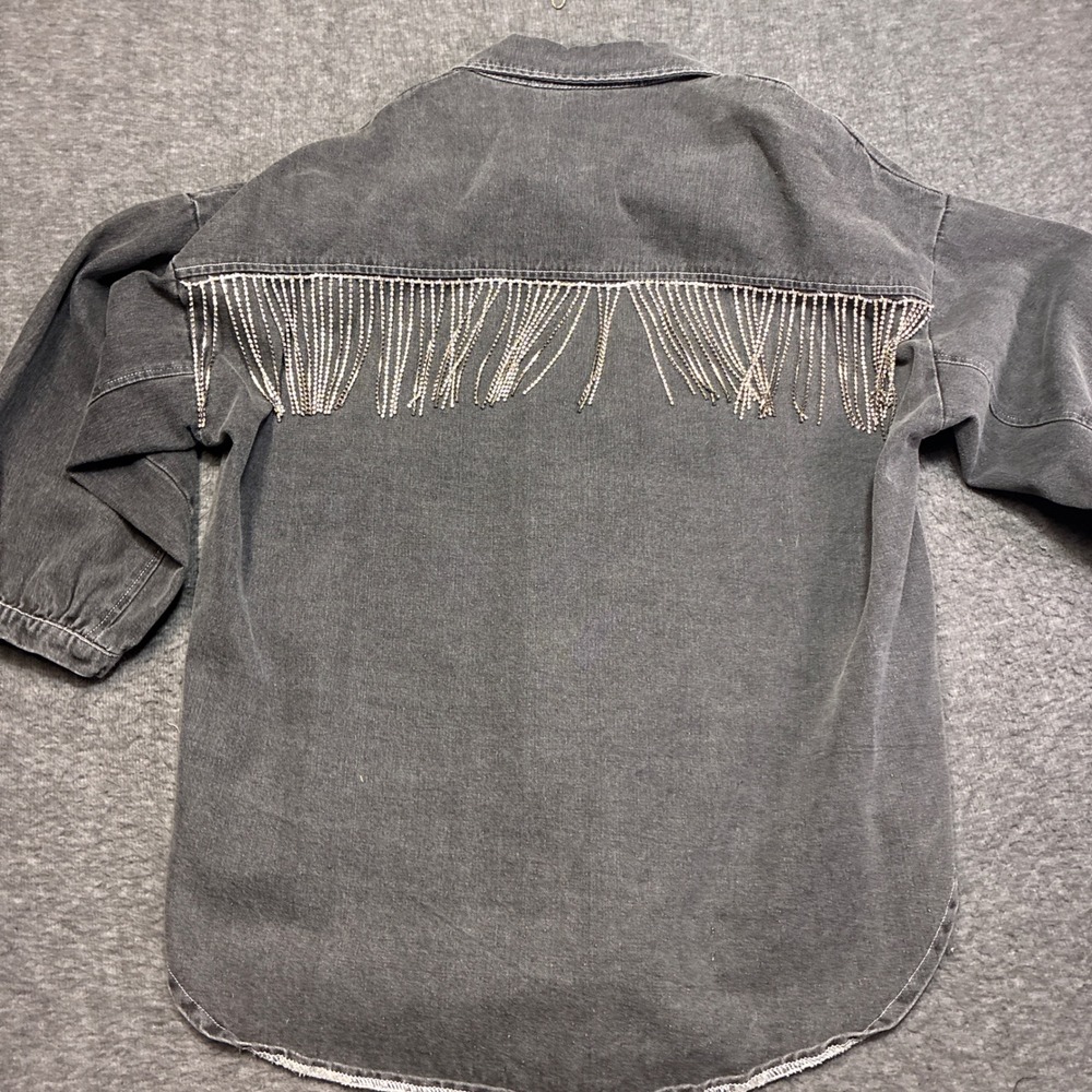 Blue B Collection‎ Denim Shacket Women S/M Grey Rhinestone Fringe Back Oversized